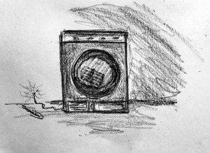pencil drawing tumble dryer with lighted fuse