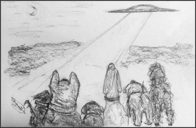 drawing of dogs and flying saucer