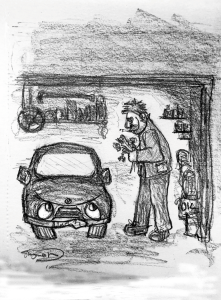 drawing of man and car