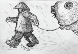 drawing of person with large fish on lead