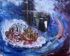 painting of houses and horror presence